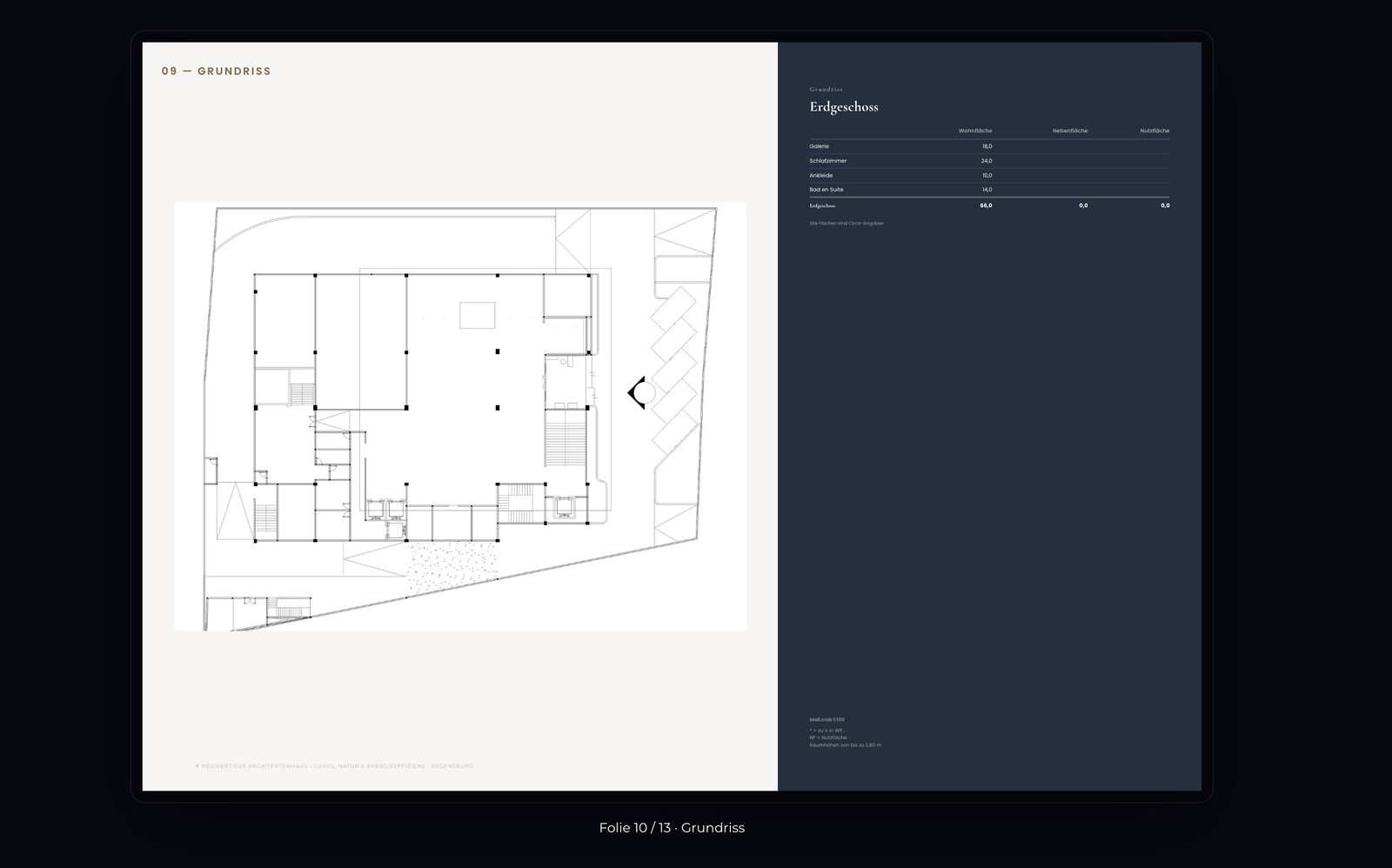 Klassischer 2D-Grundriss auf der Grundriss-Folie eines Immobilien-Exposés mit Maßtabelle