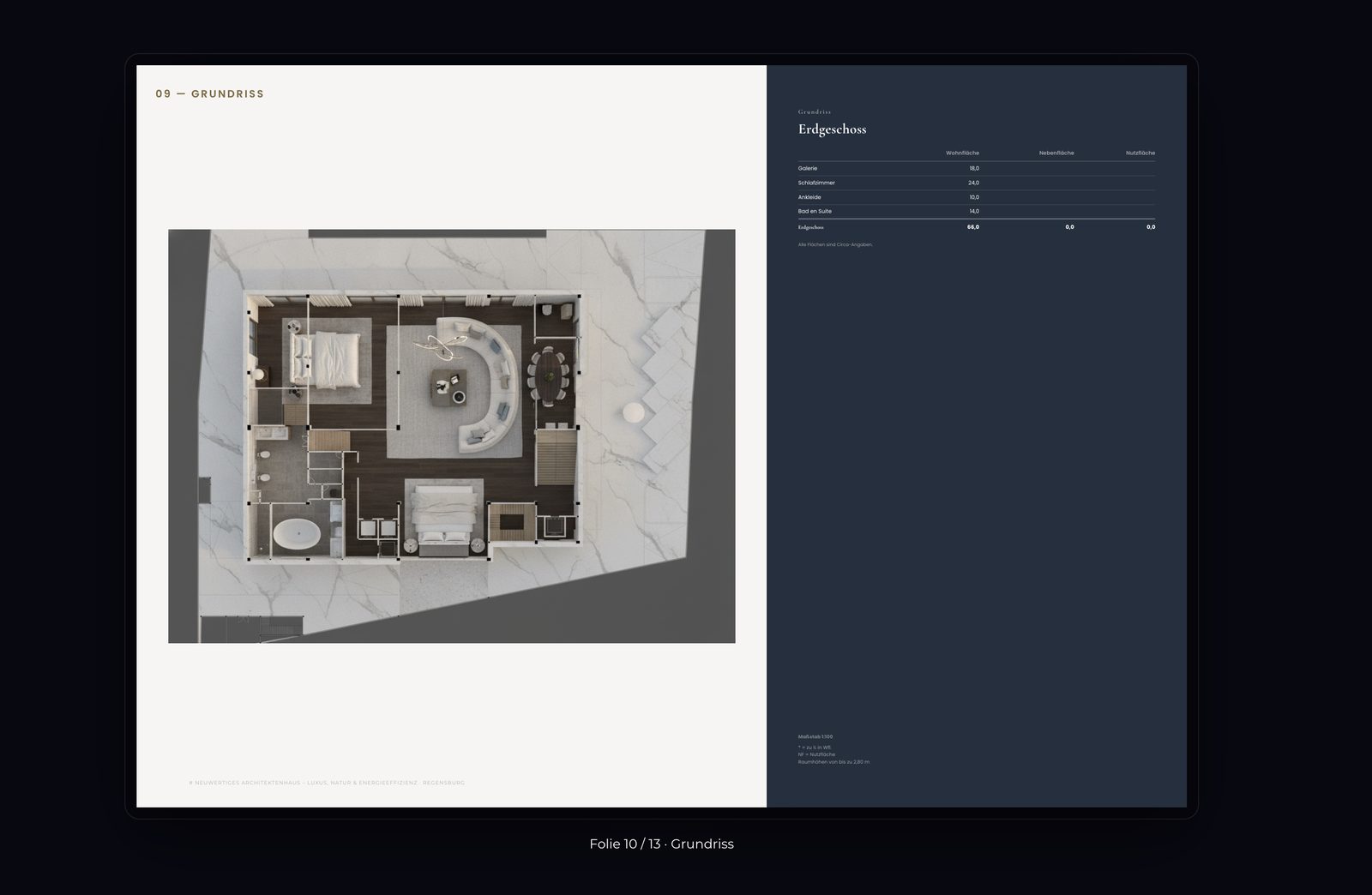 Aus einem 2D-Grundriss generierte 3D-Aufsicht (Luxury-Preset) auf der Grundriss-Folie eines Immobilien-Exposés
