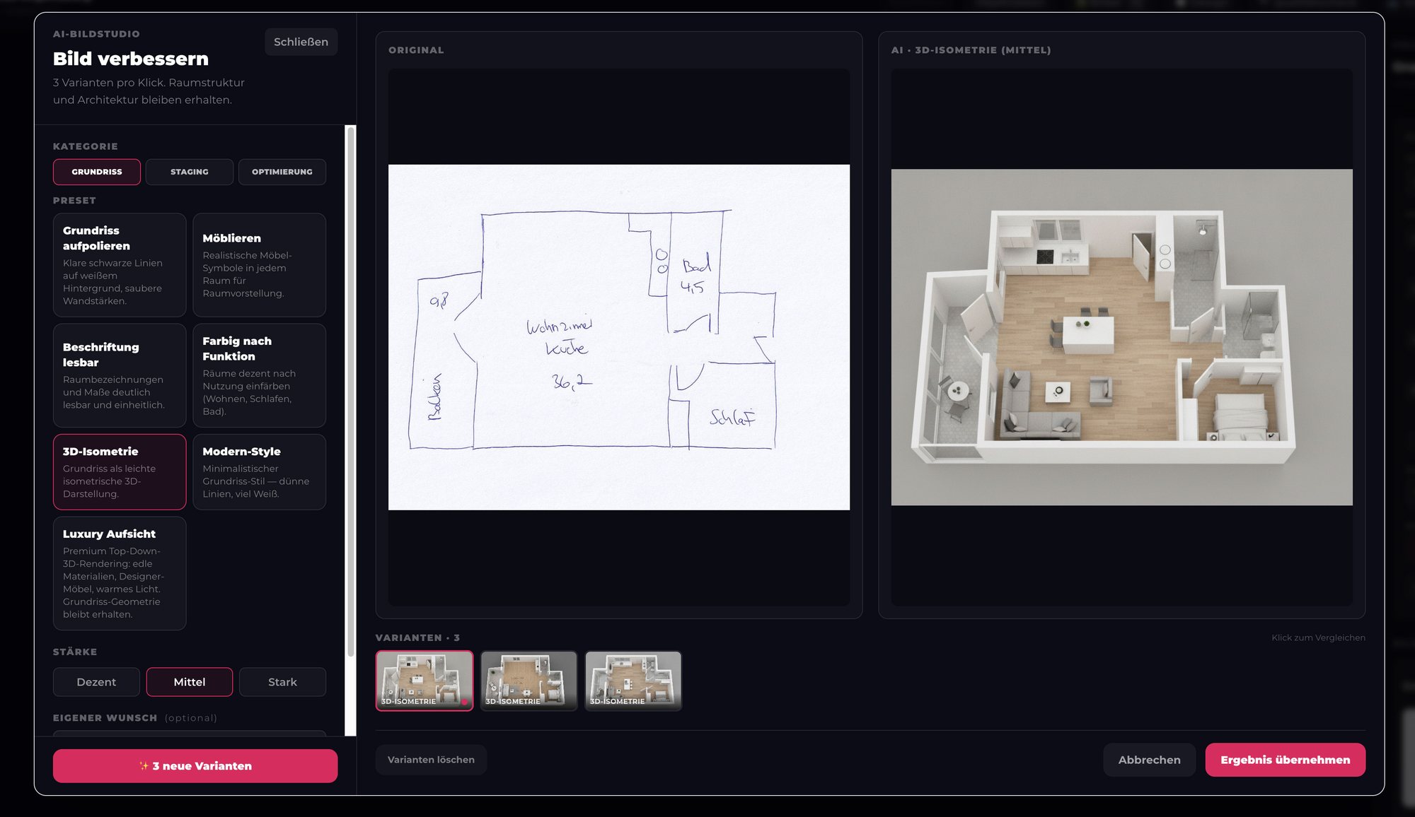 ExposéFlow AI-Bildstudio: links eine handgezeichnete Grundriss-Skizze, rechts die daraus generierte 3D-Isometrie