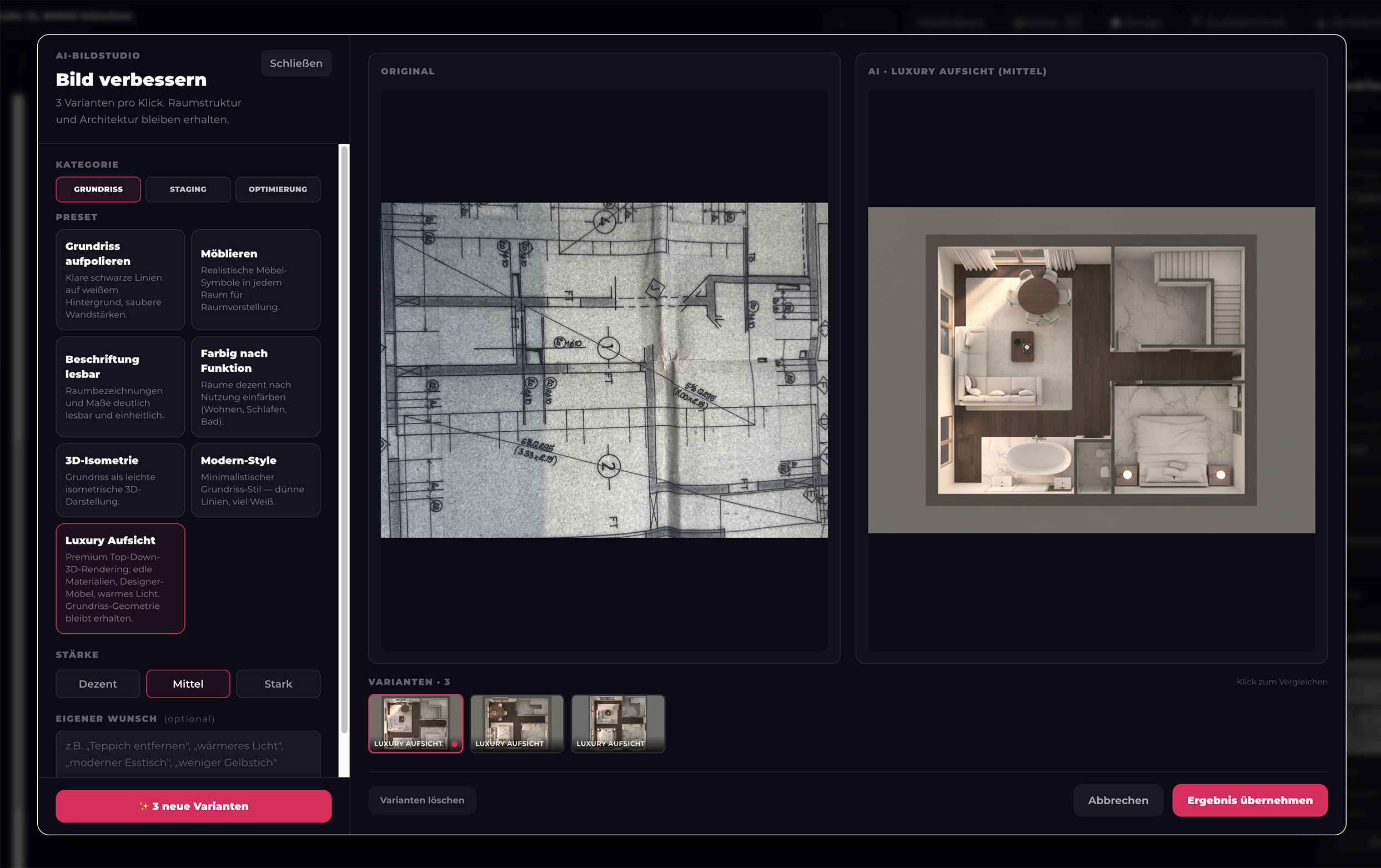 ExposéFlow AI-Bildstudio: links der unscharfe Original-Grundriss, rechts die KI-aufbereitete Luxury-Aufsicht – Raumstruktur bleibt erhalten
