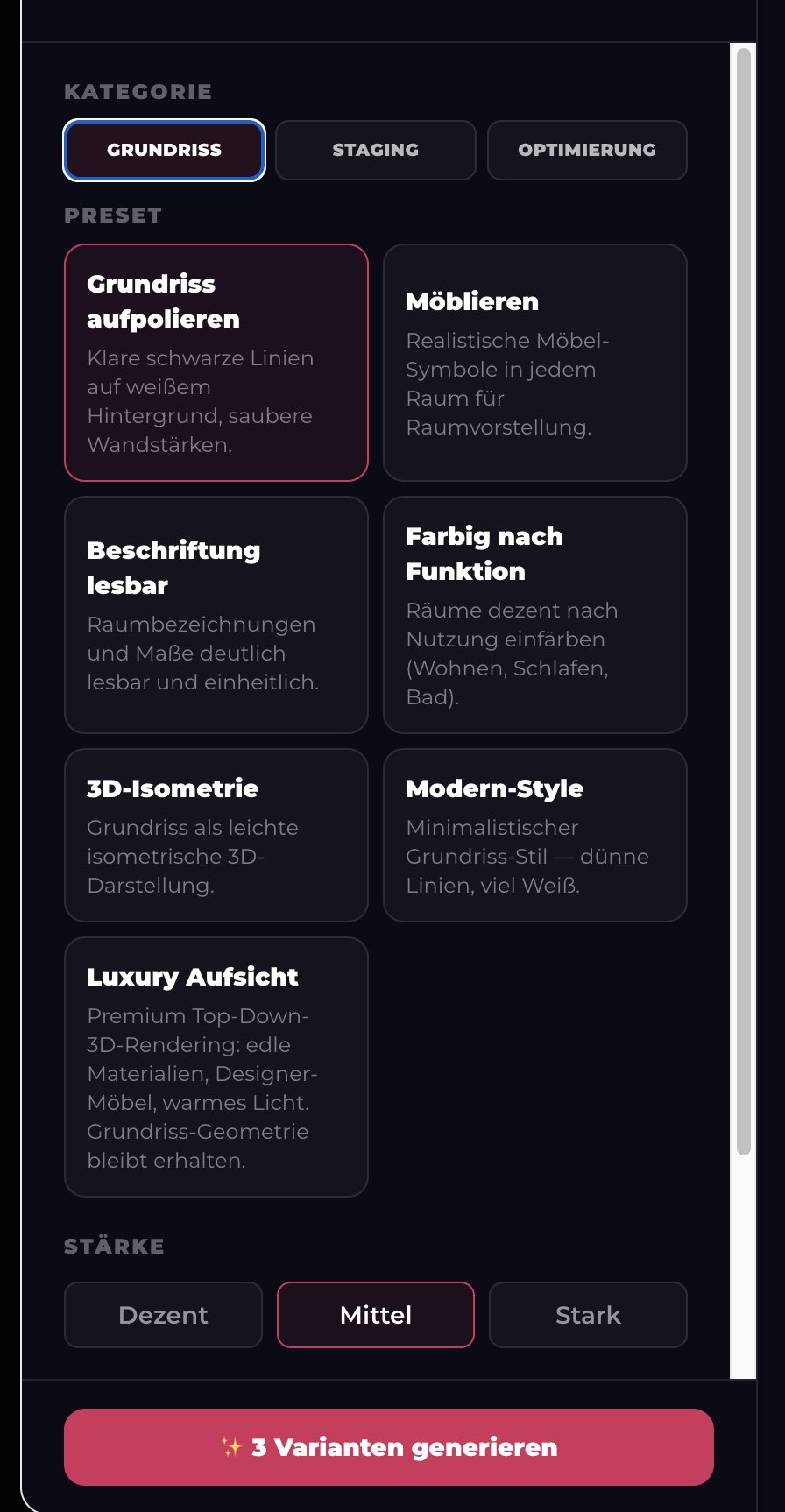 AI-Bildstudio in ExposéFlow: Grundriss-Presets wie 3D-Isometrie und Luxury Aufsicht mit wählbarer Stärke